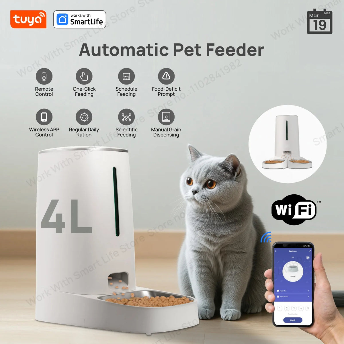 4L Automatic Pet Feeder for1/2Cats,WiFi Smart Feed Automatic Pet