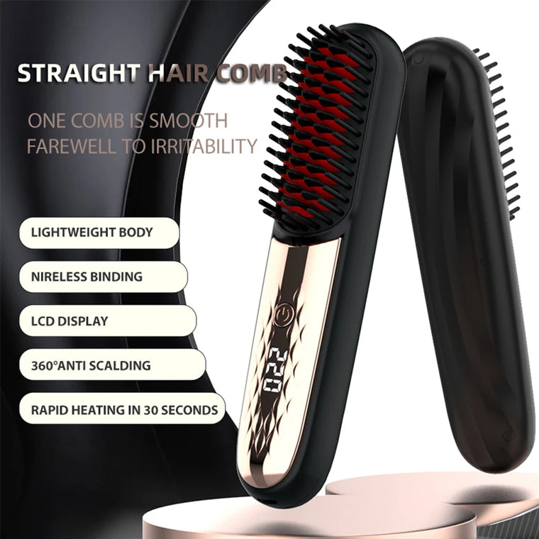 Cordless Hair Brush Straightener Electric Hot Heating Brush Negative