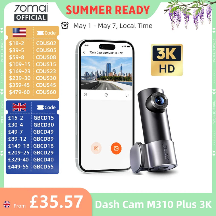 New 70mai Dash Cam M310 Plus 3K 1620P WDR Voice Control 139°FOV Car