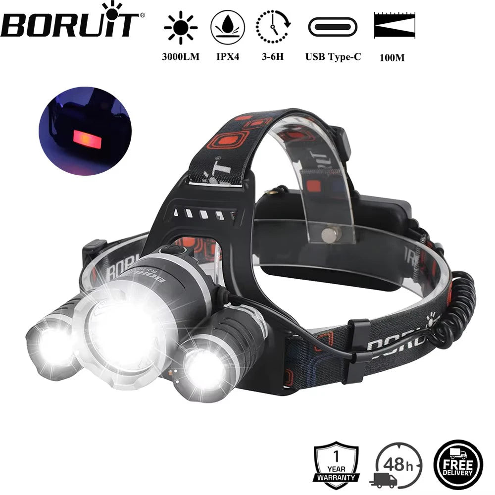 BORUiT RJ-3000 LED Headlamp 3000LM Powerful Type-C Rechargeable