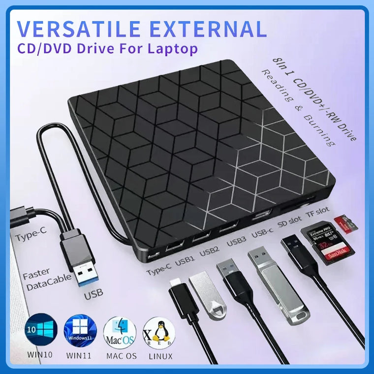 7 in 1 USB3.0&Type C CD DVD Recorder Player Writer External DVD