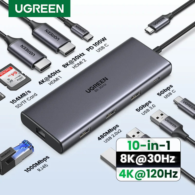 UGREEN Dual HDMI USB-C HUB 8K 4K HDMI Adapter 10 in 1 Splitter with
