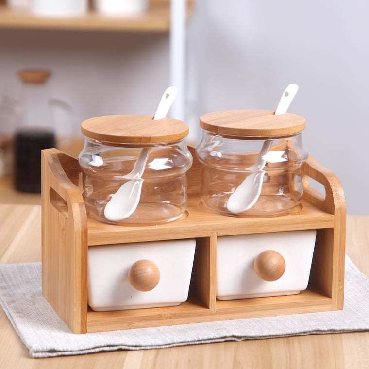 Bamboo Stand With Drawers Spice Jar Ceramic Storage Jar